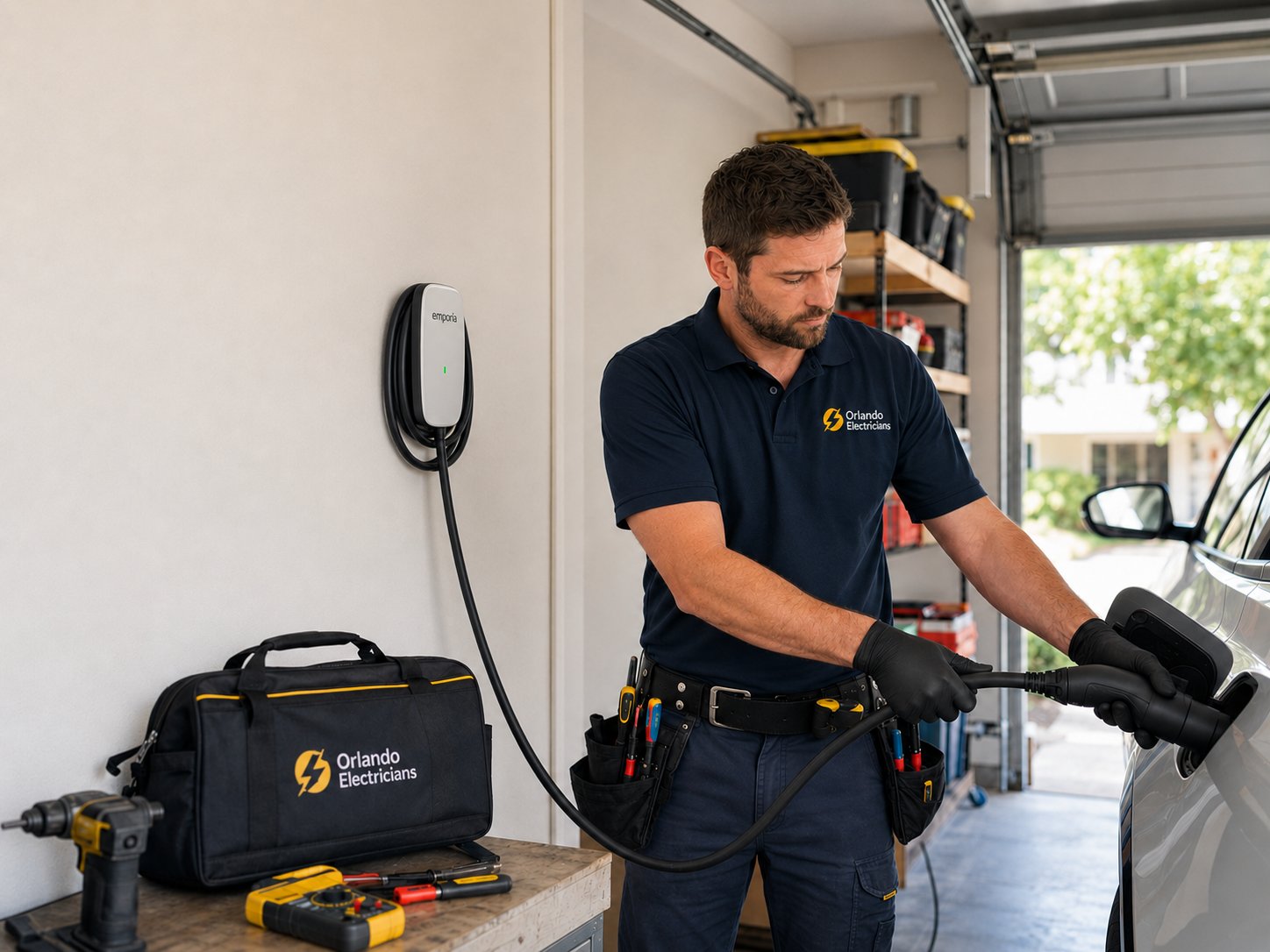 Orlando electrician installing a Level 2 EV charger in a home garage