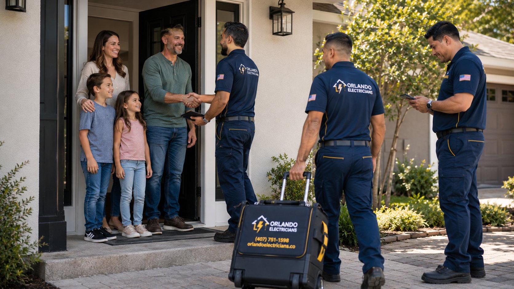 Orlando Electricians technicians greeting a family at their home