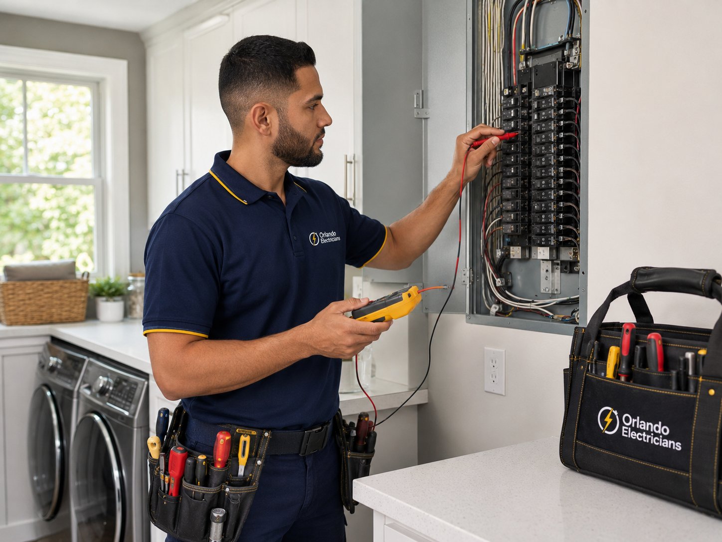 Orlando electrician testing an electrical panel during a panel upgrade